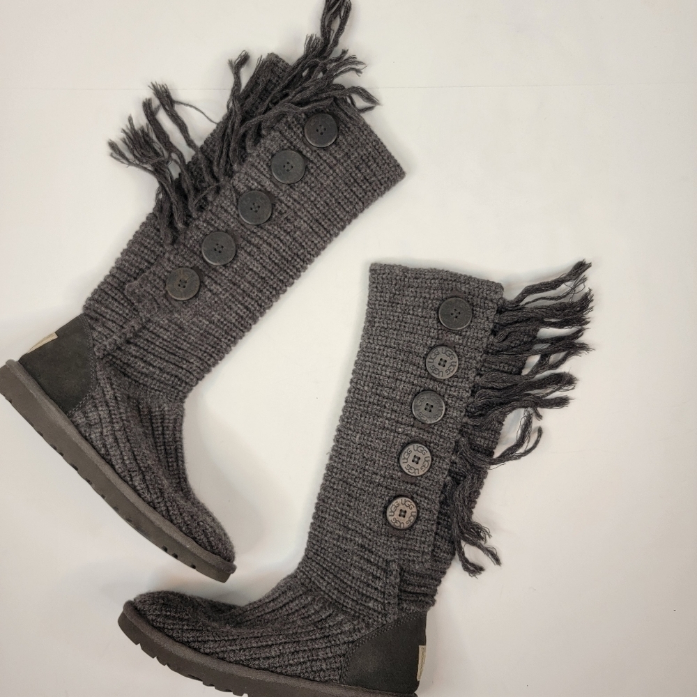 Uggs Australia Sz 6 Tall Fringe Button Knit Sweater Boots Gray